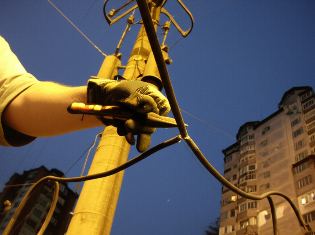 Alicate cortando cabo de cobre à noite: faíscas iluminam mão enluvada em cena urbana escura.