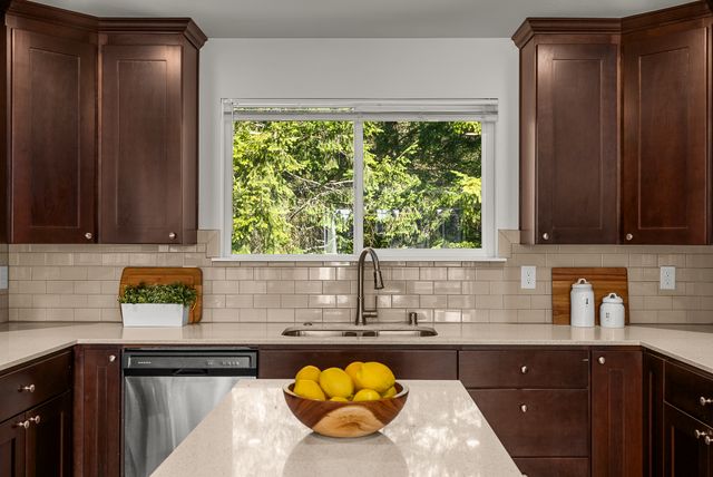 Island kitchen with quartz countertops