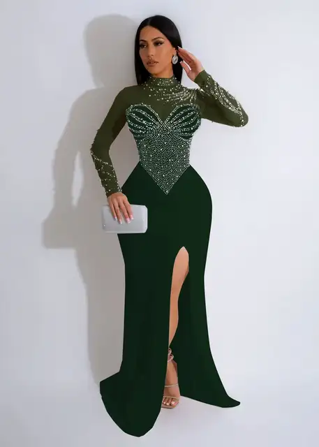 Glamorous Crystal Embellished Long Sleeve Evening Dress