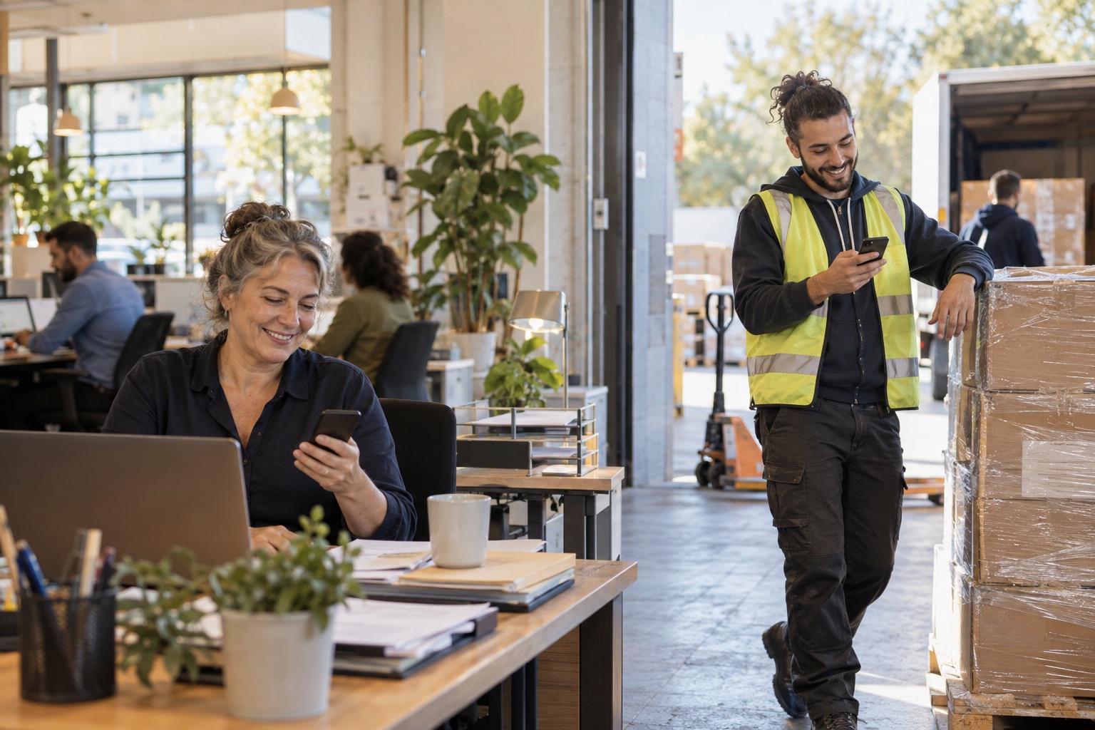 Dans une entreprise, une collaboratrice à son bureau et un préparateur de commandes en gilet de sécurité sourient en regardant leur téléphone au même moment.