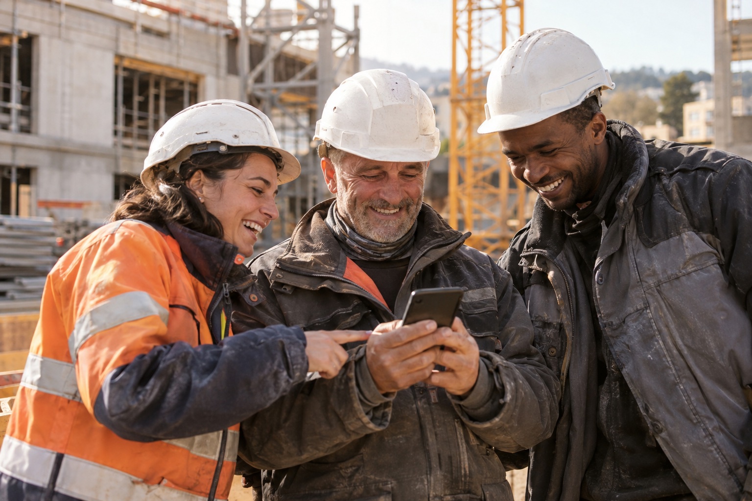 Sur un chantier, trois ouvriers casqués se retrouvent autour d'un téléphone pendant la pause et répondent ensemble en riant.