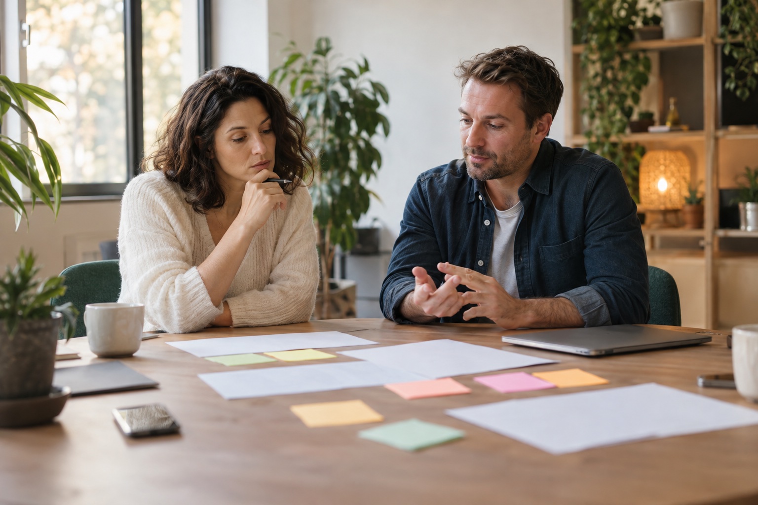 Une responsable RH et un responsable communication comparent des options autour d'une table couverte de feuilles et de post-it.