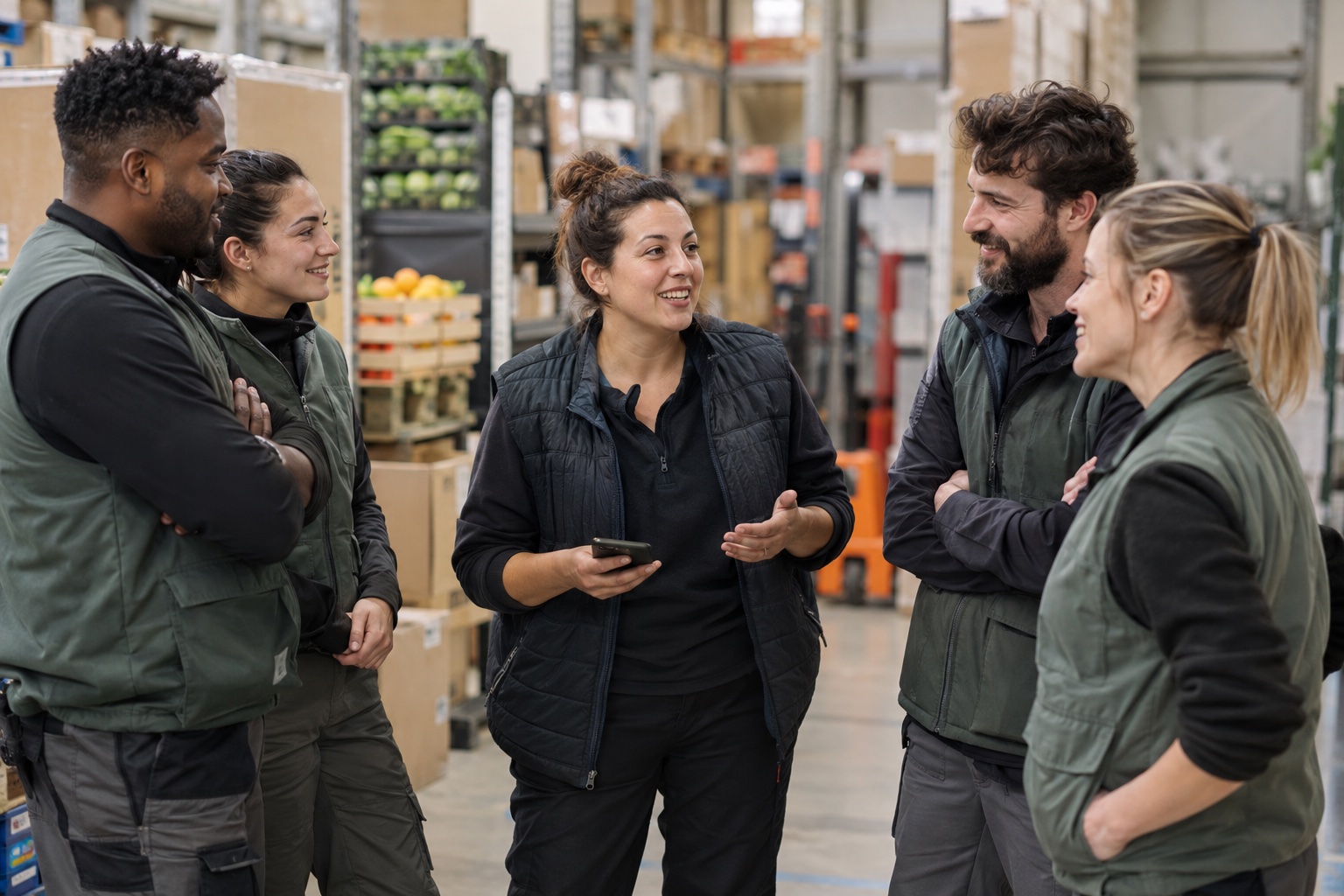 Dans la réserve d'un supermarché, une cheffe d'équipe, téléphone en main, lance la journée avec quatre collègues souriants.