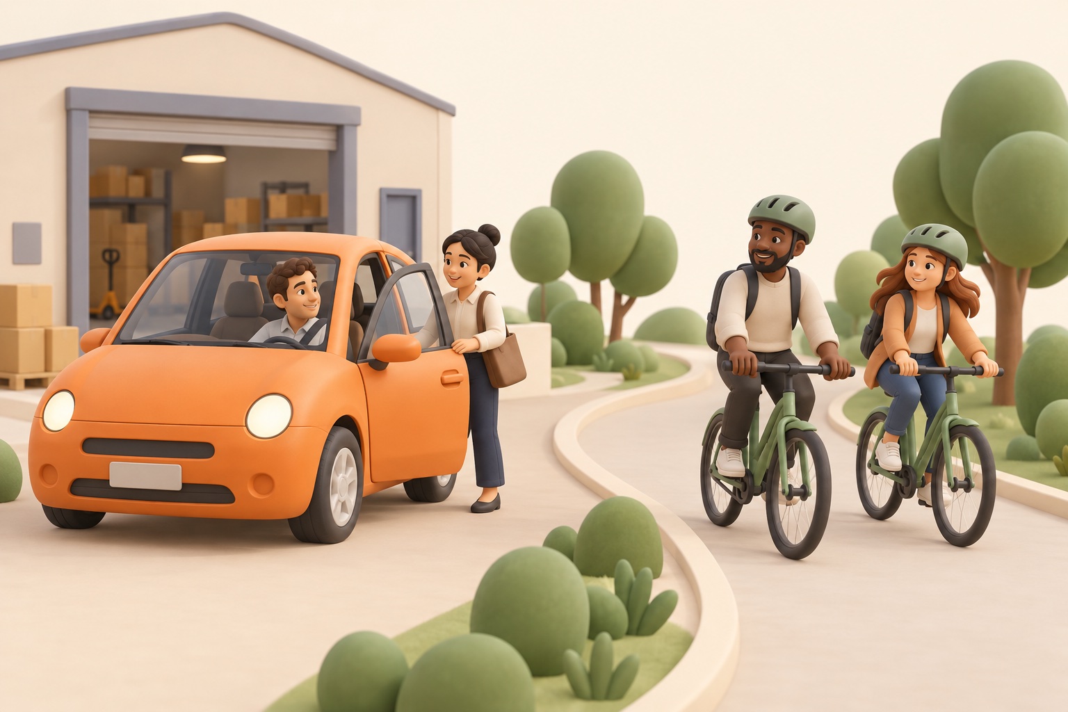 Des collègues d'un même site partagent une voiture pendant que d'autres rentrent à vélo