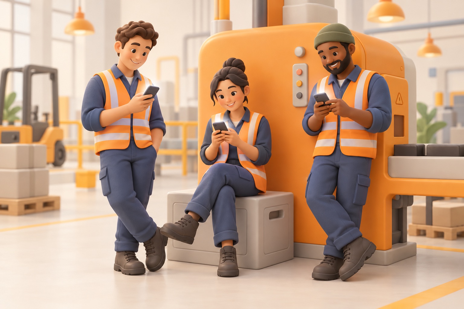Trois collaborateurs en tenue de travail font une pause près d'une machine, chacun sur son téléphone
