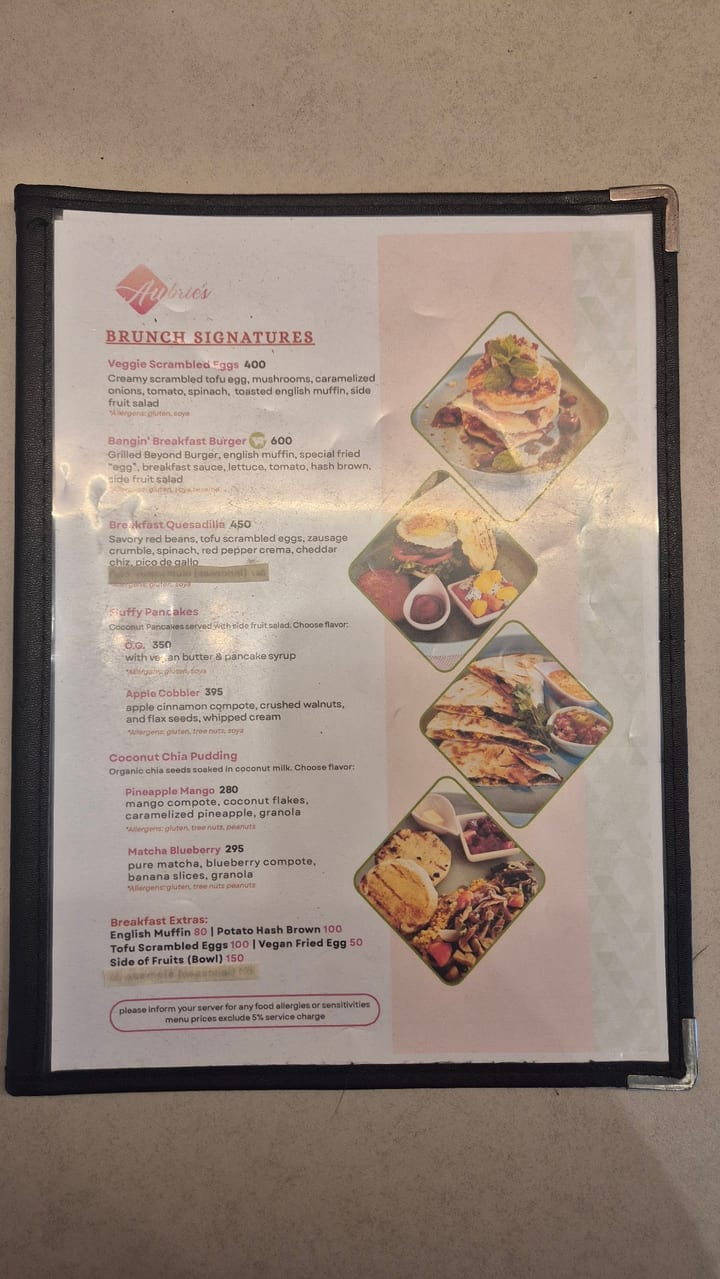 Photograph of the menu at Aubrie's