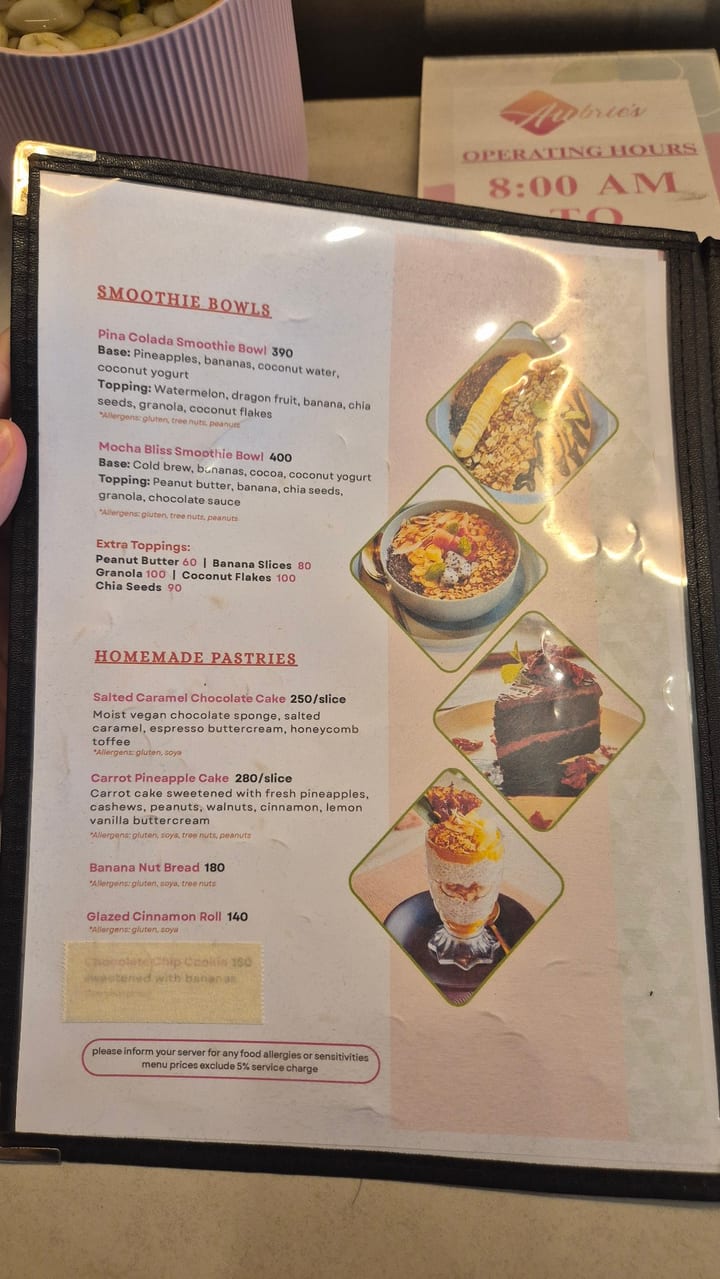 Photograph of the menu at Aubrie's