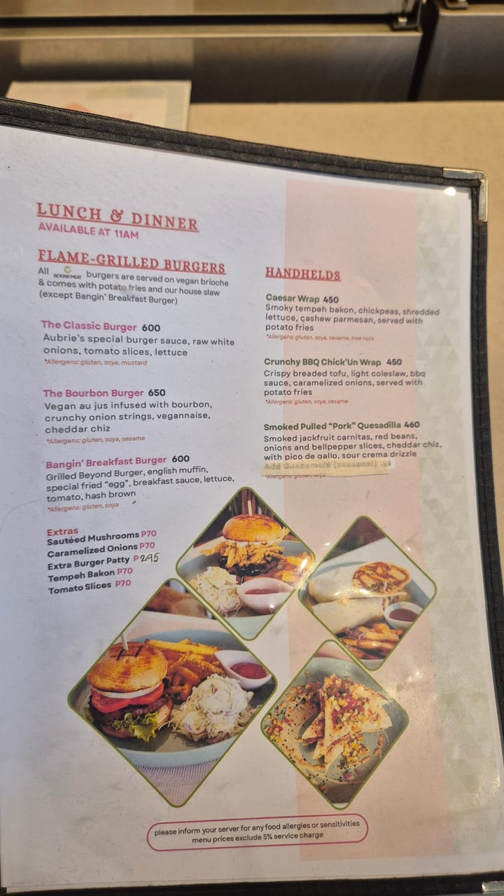 Photograph of the menu at Aubrie's