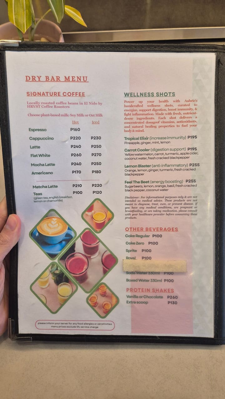 Photograph of the menu at Aubrie's