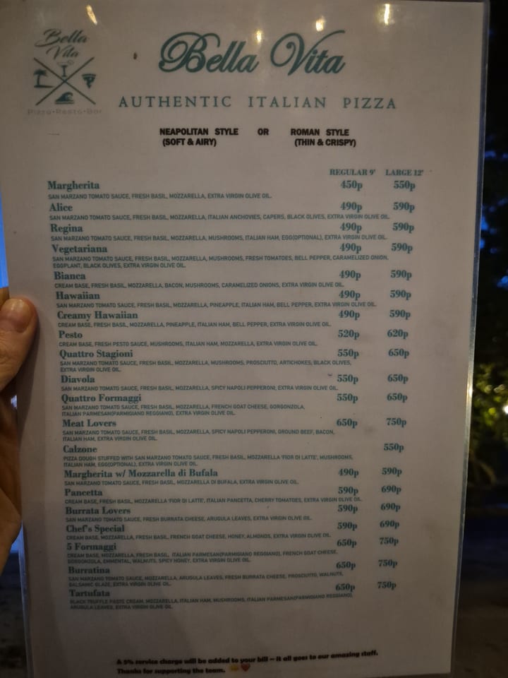 Photograph of the menu at Bella Vita
