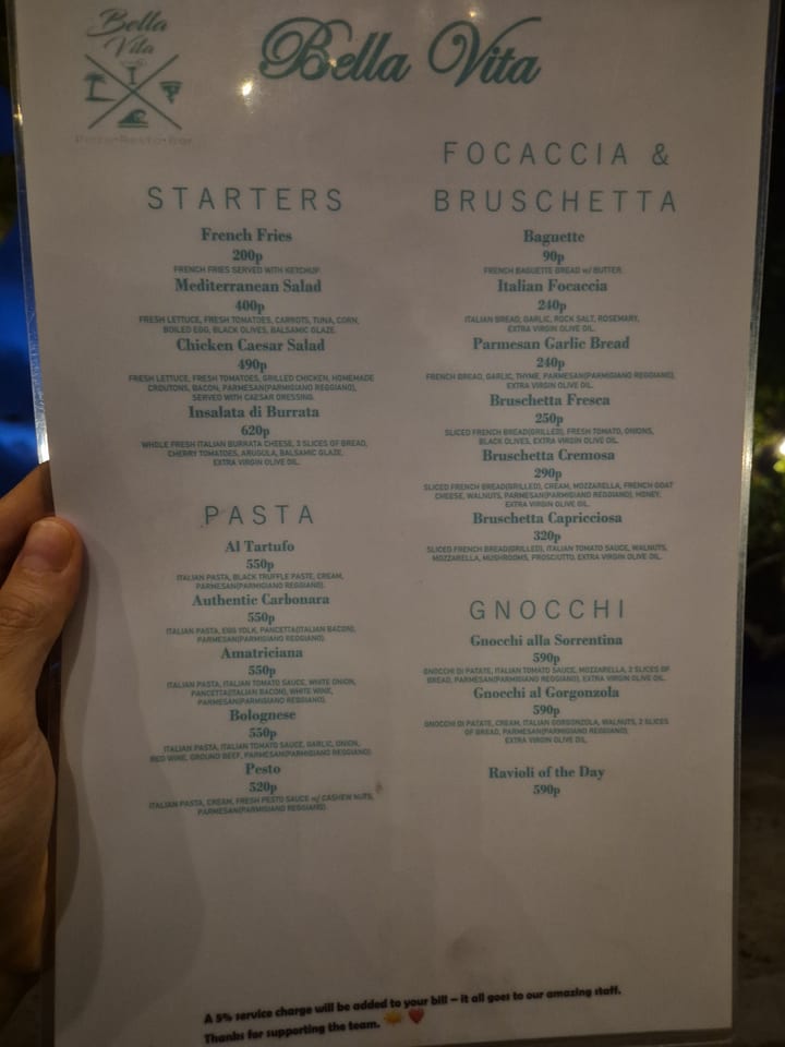 Photograph of the menu at Bella Vita
