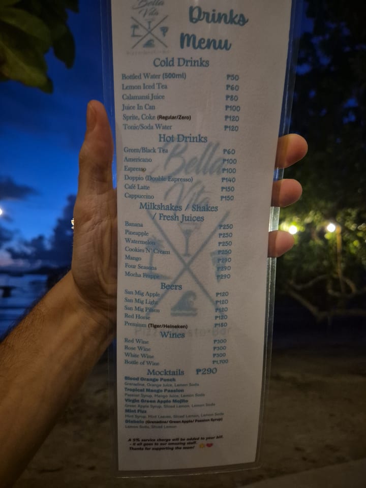 Photograph of the menu at Bella Vita