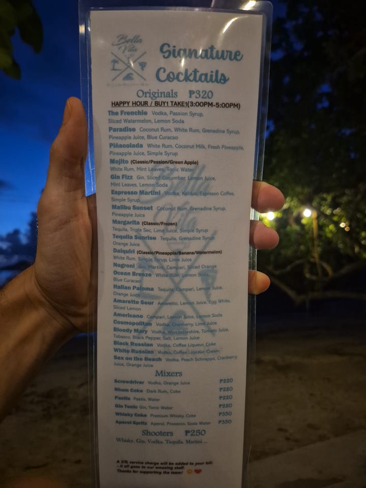 Photograph of the menu at Bella Vita