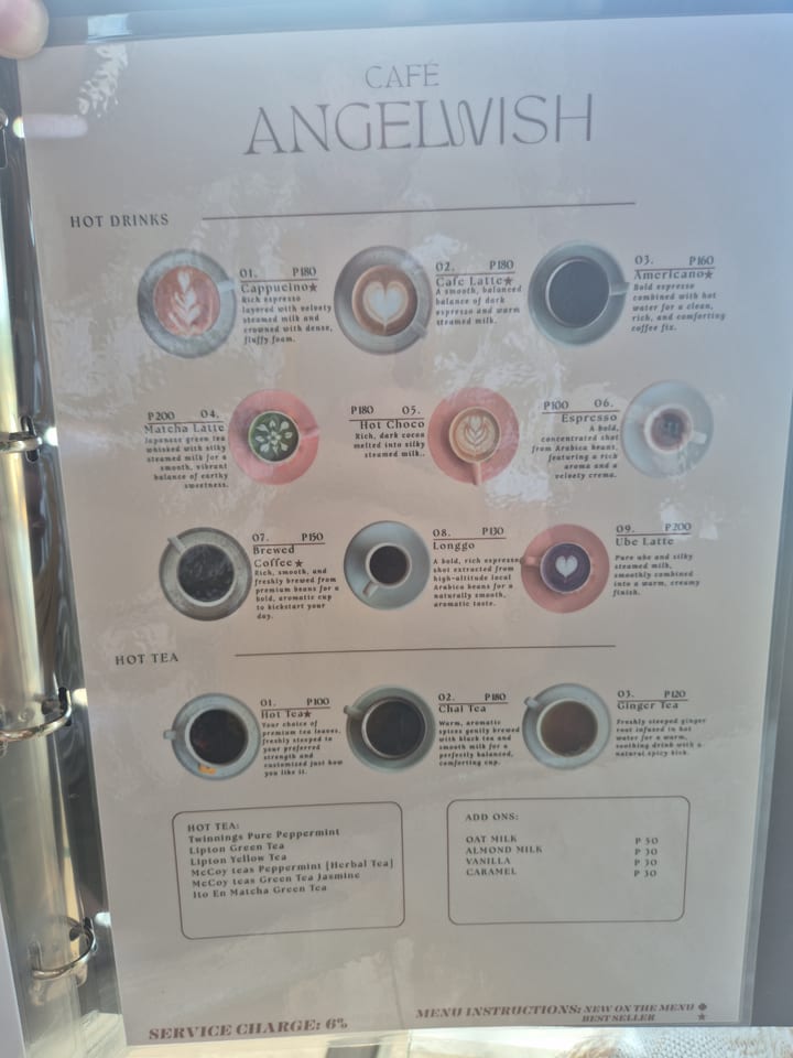 Photograph of the menu at Cafe Angelwish