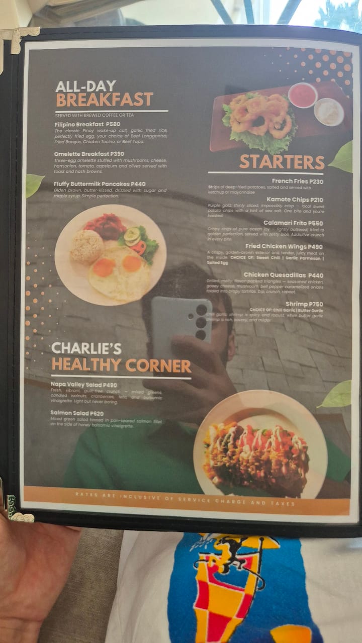 Photograph of the menu at Charlie’s