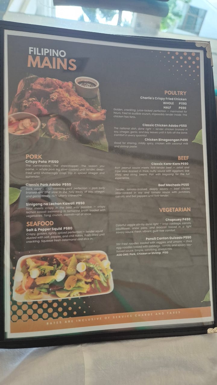 Photograph of the menu at Charlie’s