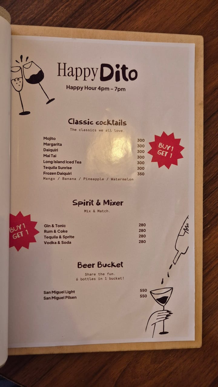 Photograph of the menu at Dito