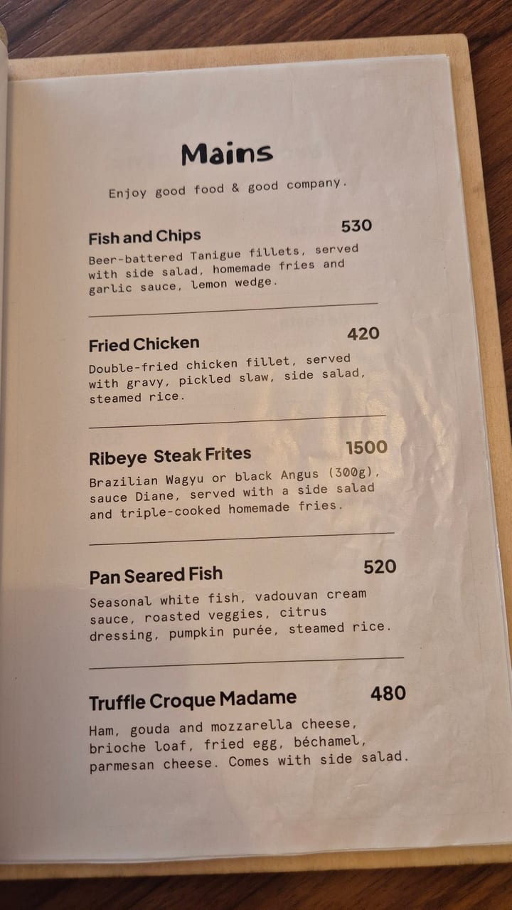 Photograph of the menu at Dito