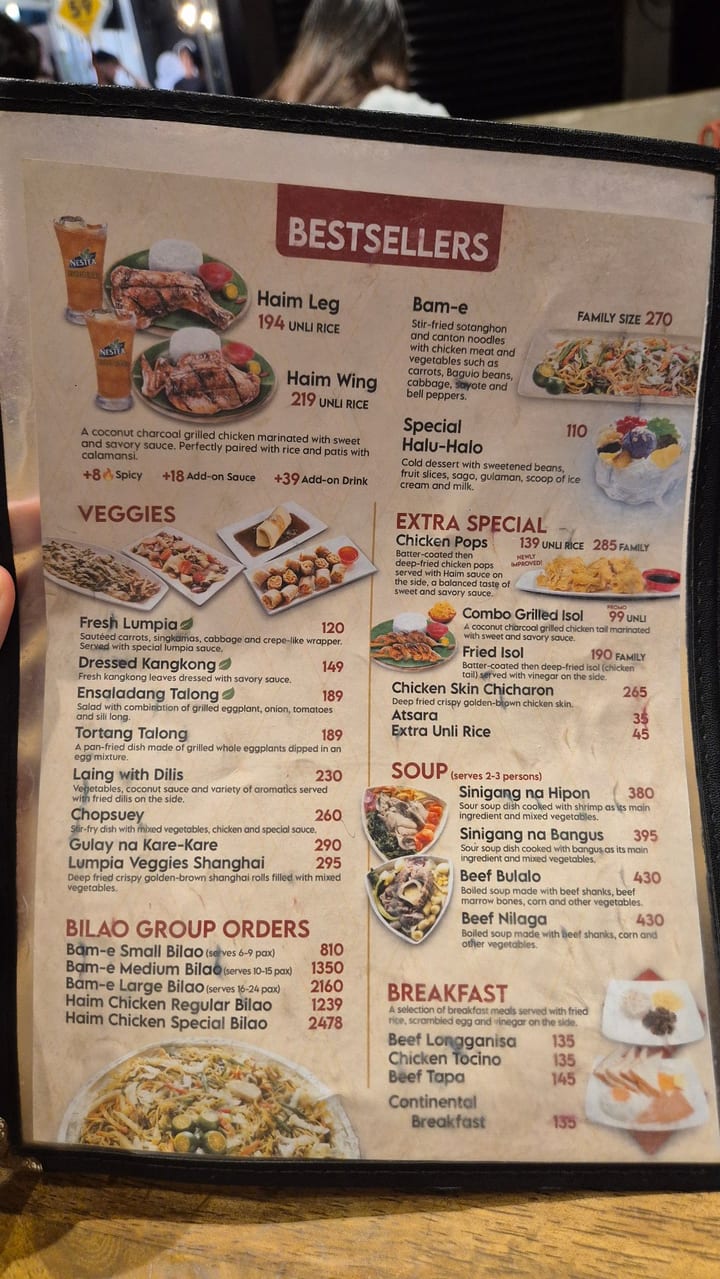 Photograph of the menu at Haim Chicken
