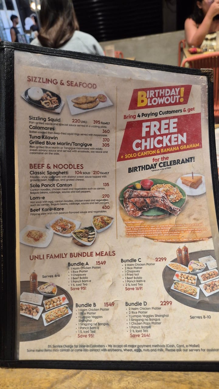 Photograph of the menu at Haim Chicken