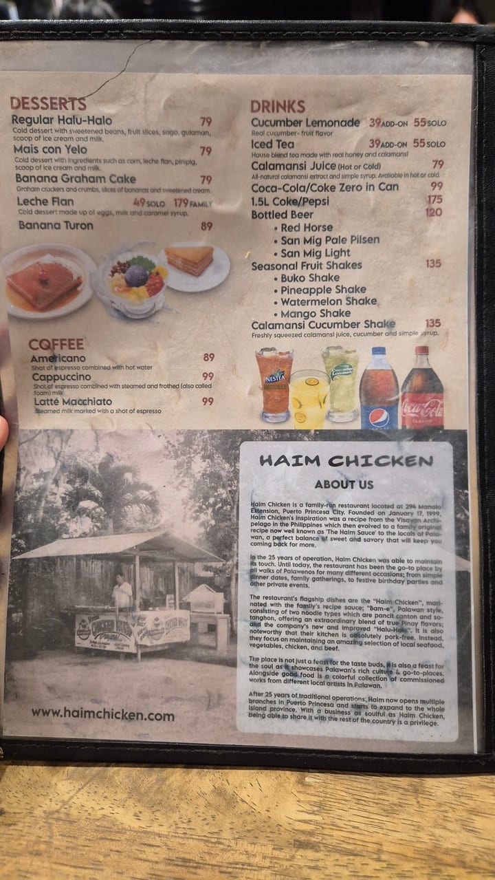 Photograph of the menu at Haim Chicken