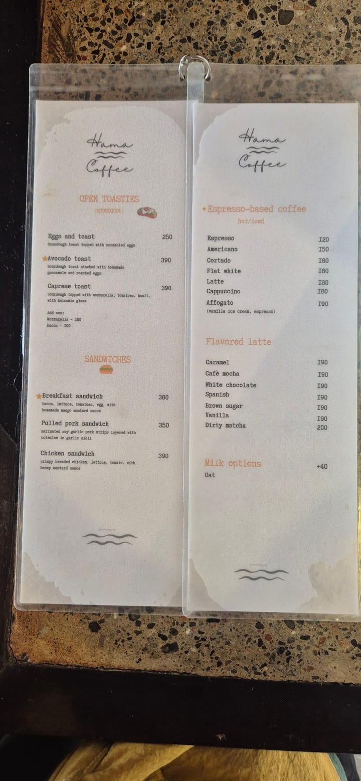 Photograph of the menu at Hama Coffee