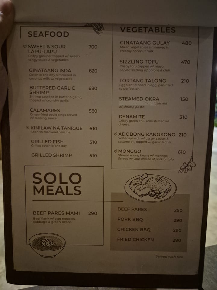Photograph of the menu at Kusina ni Maya