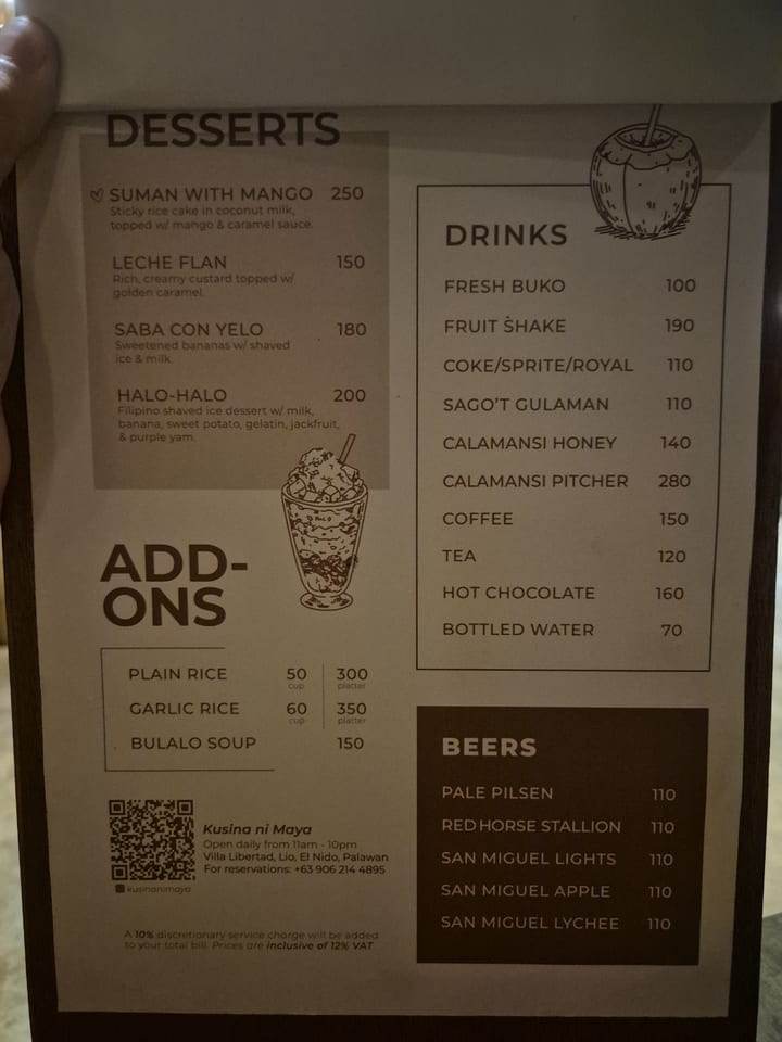 Photograph of the menu at Kusina ni Maya