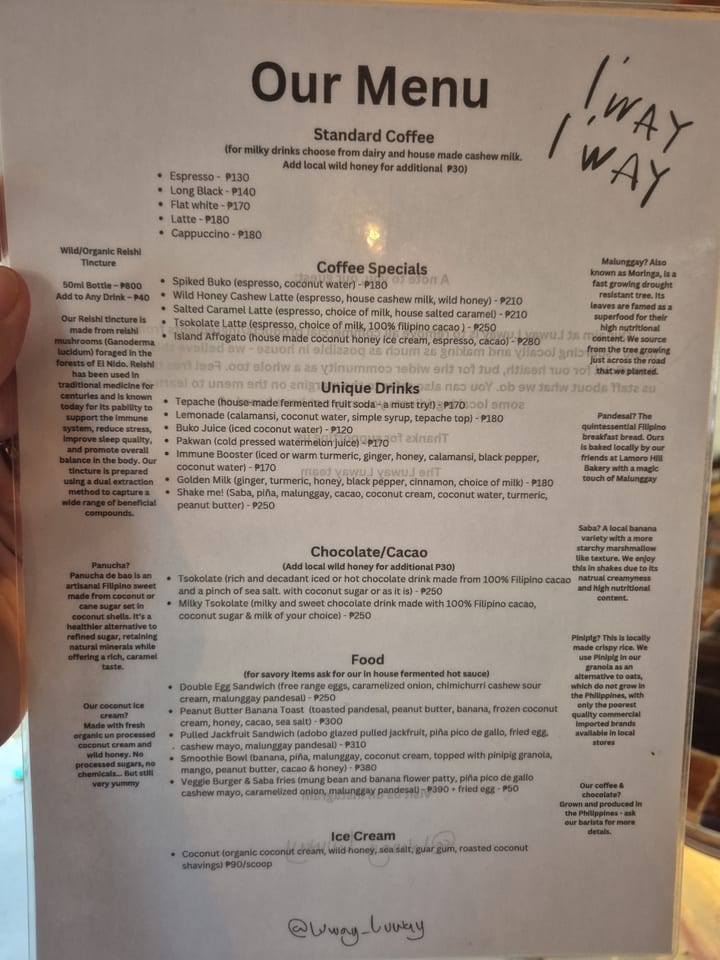 Photograph of the menu at Luway Luway Cafe
