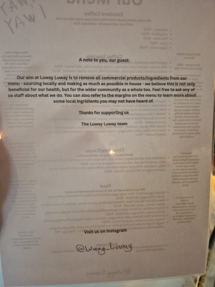 Photograph of the menu at Luway Luway Cafe