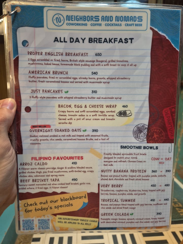 Photograph of the menu at Neighbors & Nomads · Town