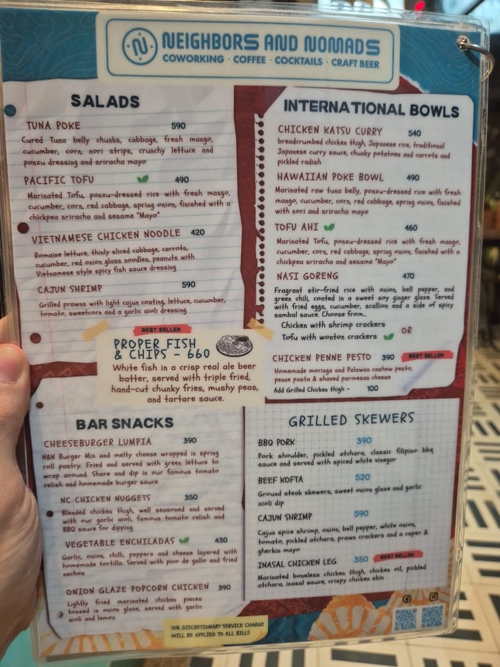 Photograph of the menu at Neighbors & Nomads · Town