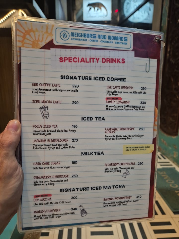 Photograph of the menu at Neighbors & Nomads · Town