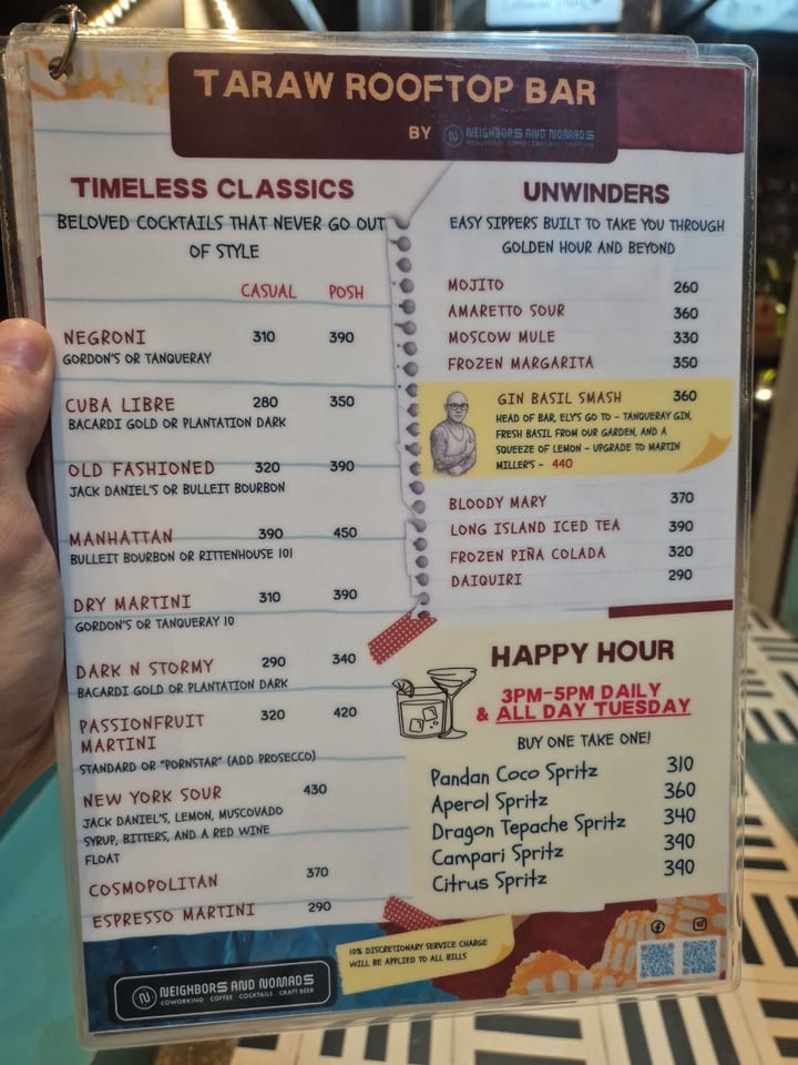 Photograph of the menu at Neighbors & Nomads · Town