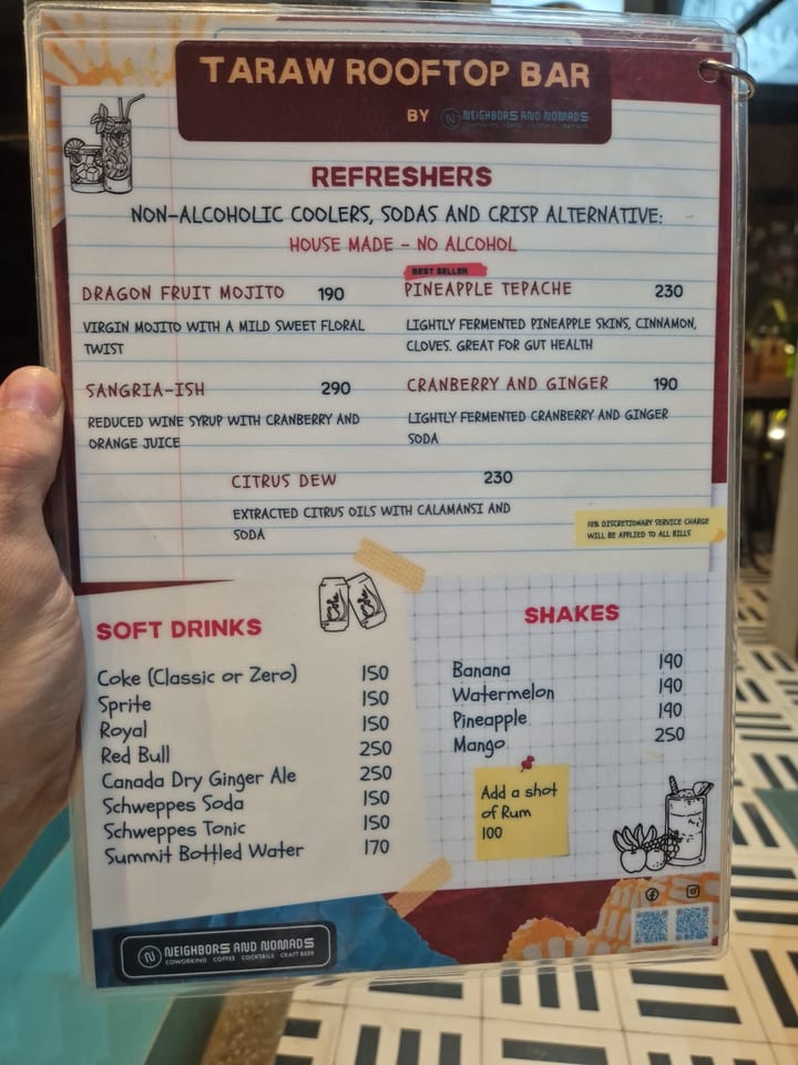 Photograph of the menu at Neighbors & Nomads · Town