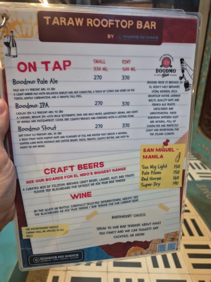 Photograph of the menu at Neighbors & Nomads · Town