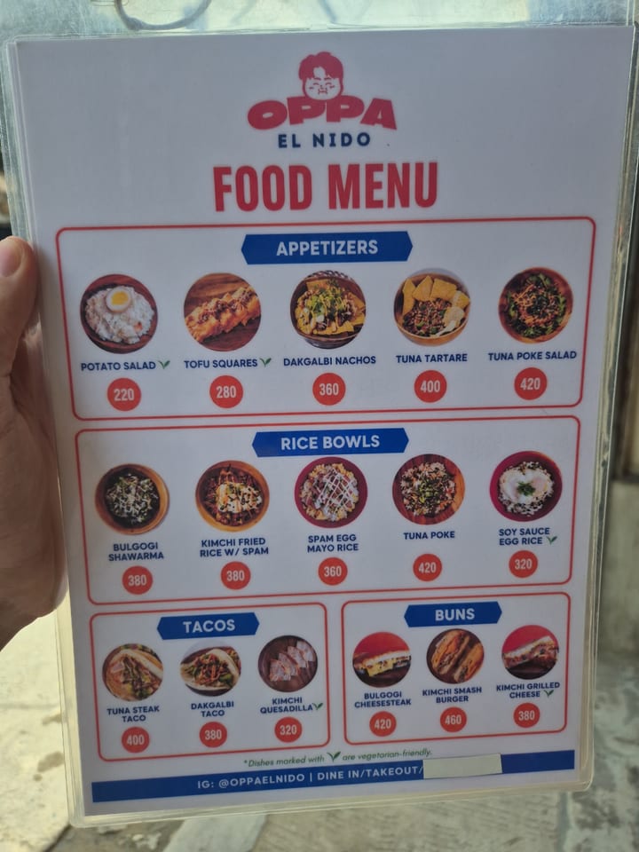 Photograph of the menu at Oppa