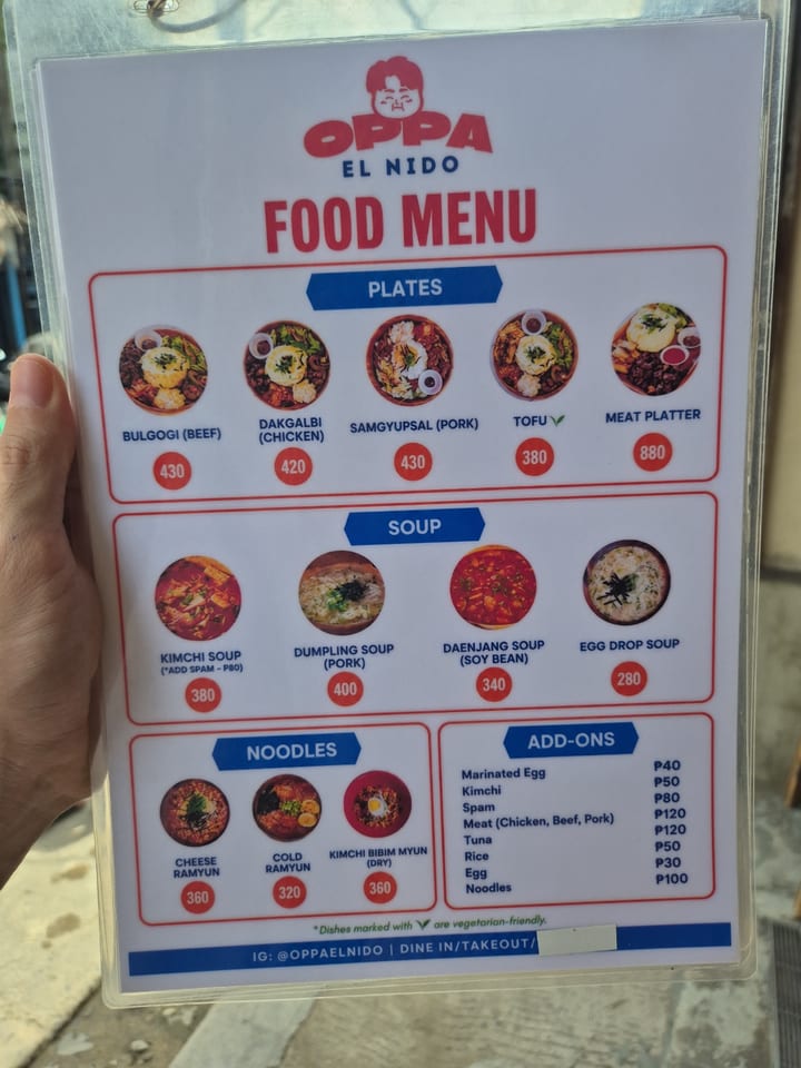 Photograph of the menu at Oppa