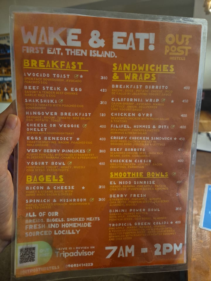 Photograph of the menu at Outpost Beach Hostel