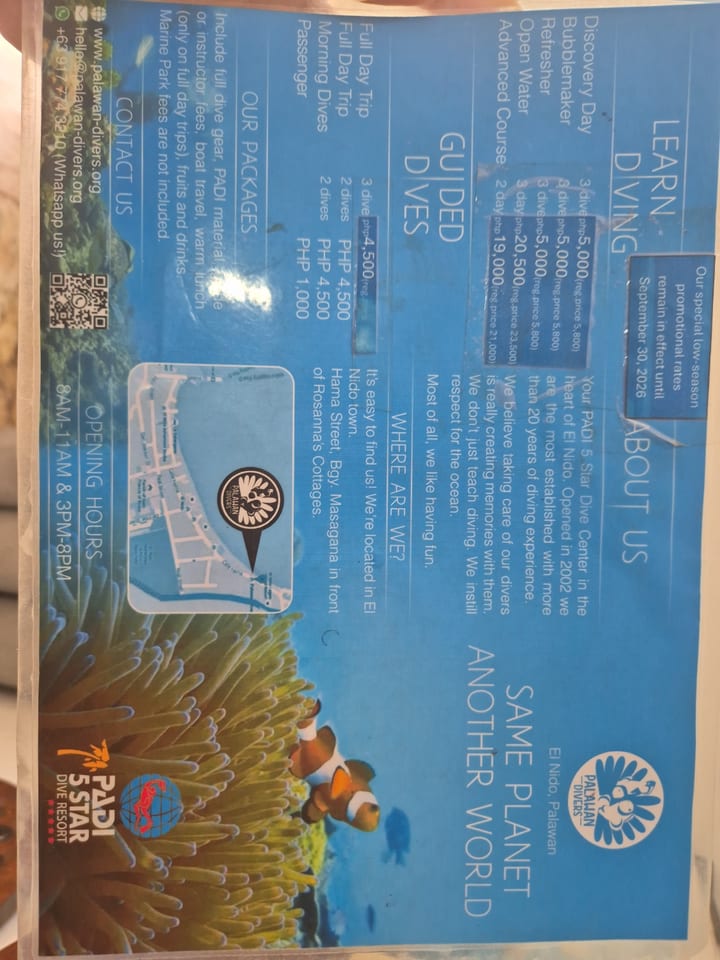 Photograph of the menu at Palawan Divers