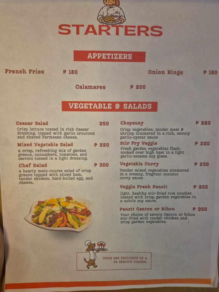 Photograph of the menu at Rudy's Restaurant