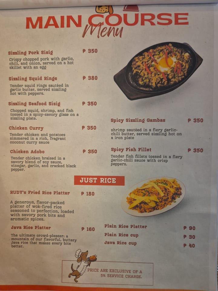 Photograph of the menu at Rudy's Restaurant