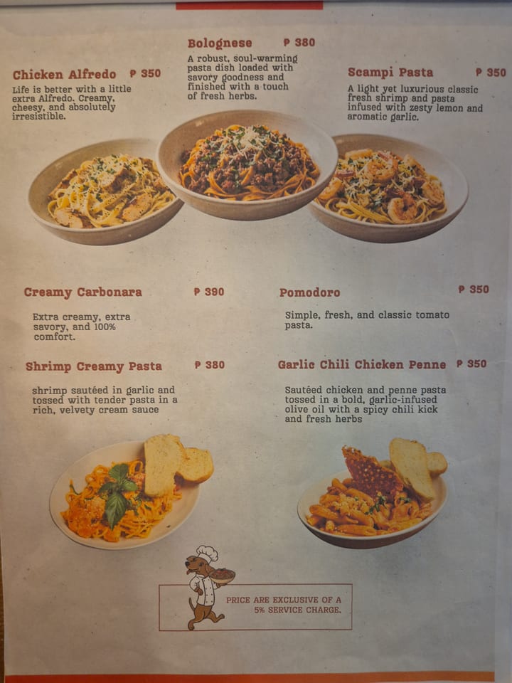 Photograph of the menu at Rudy's Restaurant