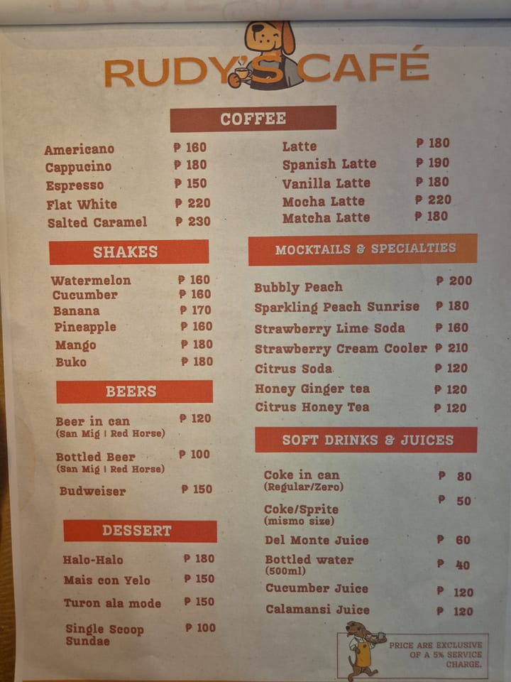 Photograph of the menu at Rudy's Restaurant