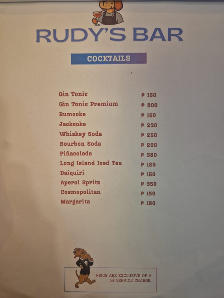 Photograph of the menu at Rudy's Restaurant