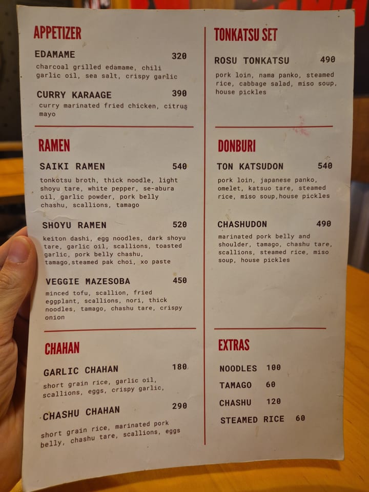 Photograph of the menu at Saiko - Ramen