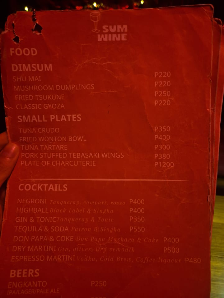 Photograph of the menu at Sum Wine