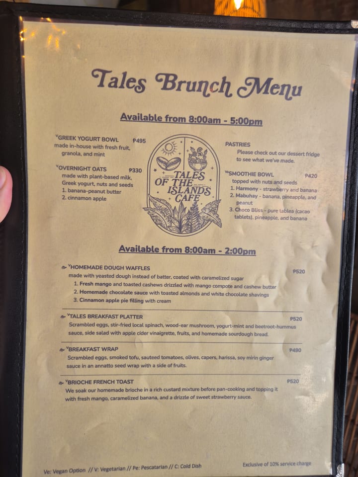 Photograph of the menu at Tales of the Islands