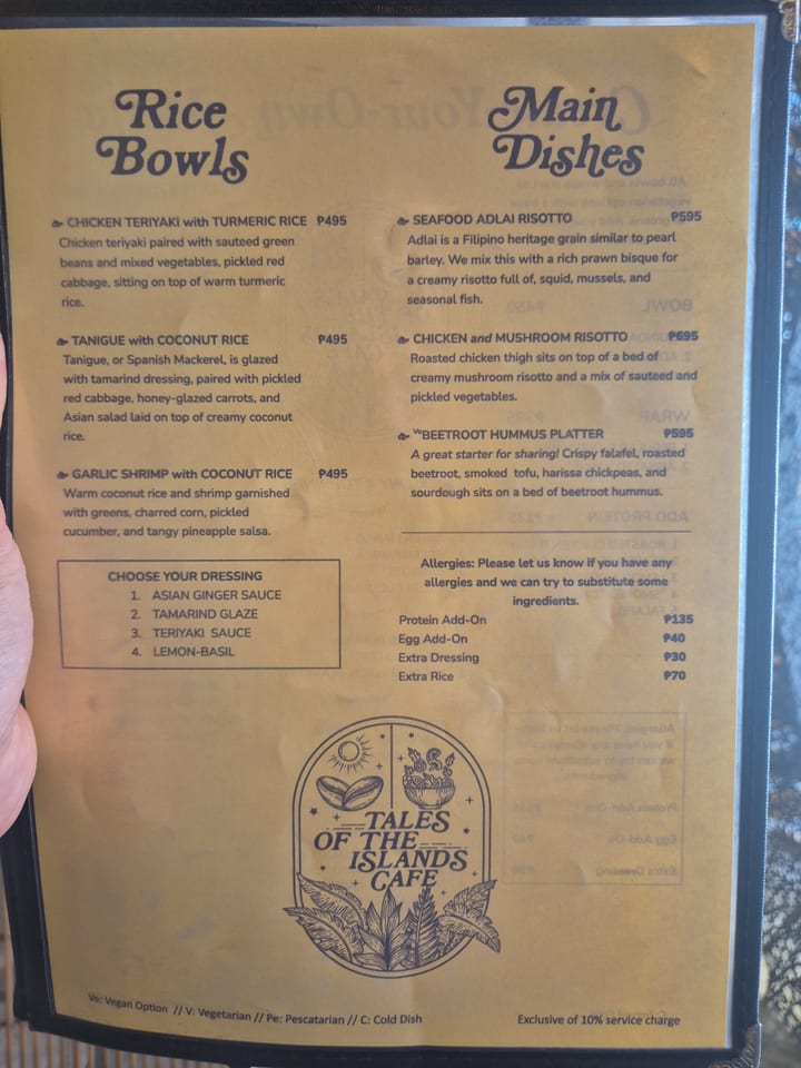 Photograph of the menu at Tales of the Islands