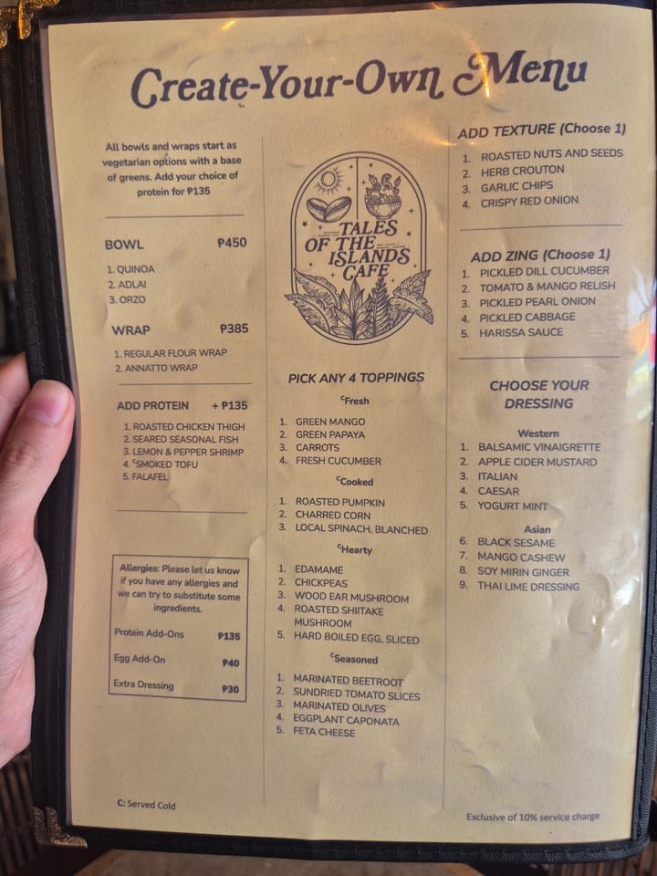 Photograph of the menu at Tales of the Islands